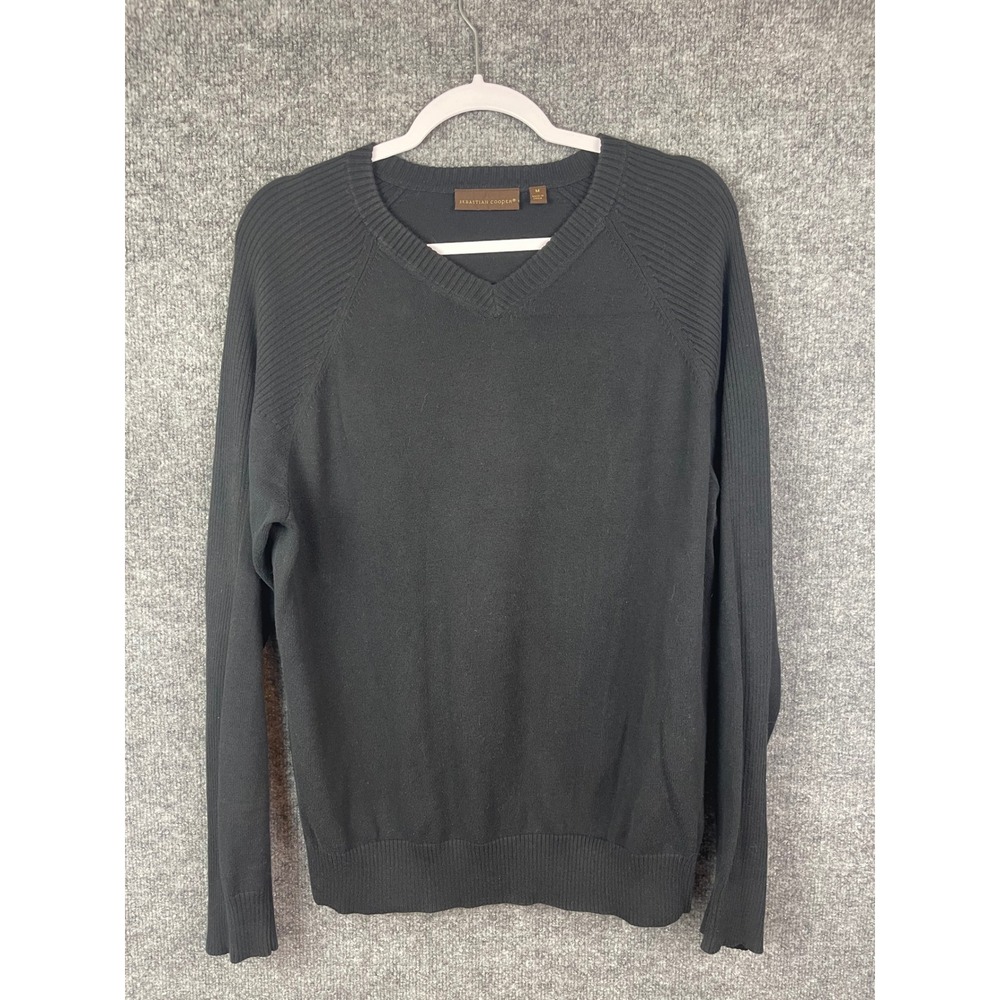 Sebastian Cooper V-Neck Sweater Mens Size M Black Ribbed Raglan Cotton